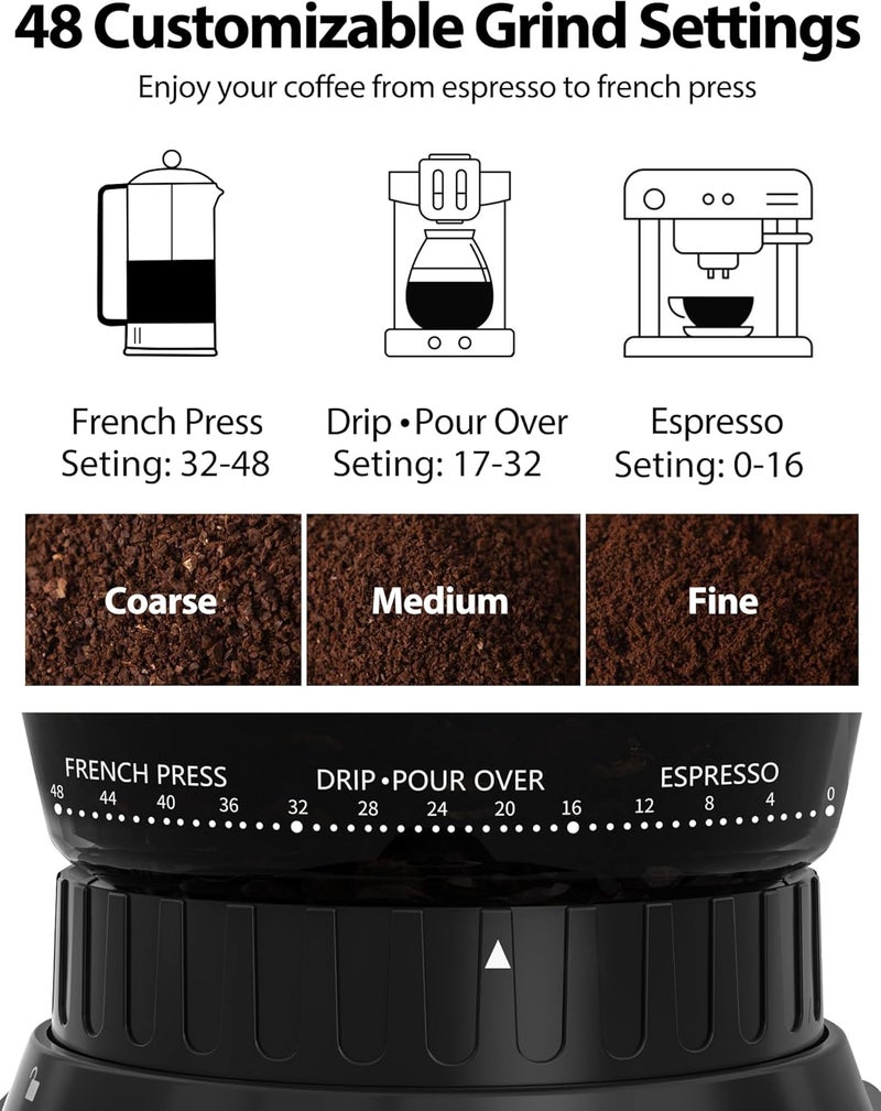Aromaster's Coffee Bean Grinder with 48 Gind Settings, Conical Burr Coffee Grinder for Home Use,Stainless Steel,40 Seconds Adjustable Timer,Anti-static,Easy to Clean with Brush,Black - Image 2